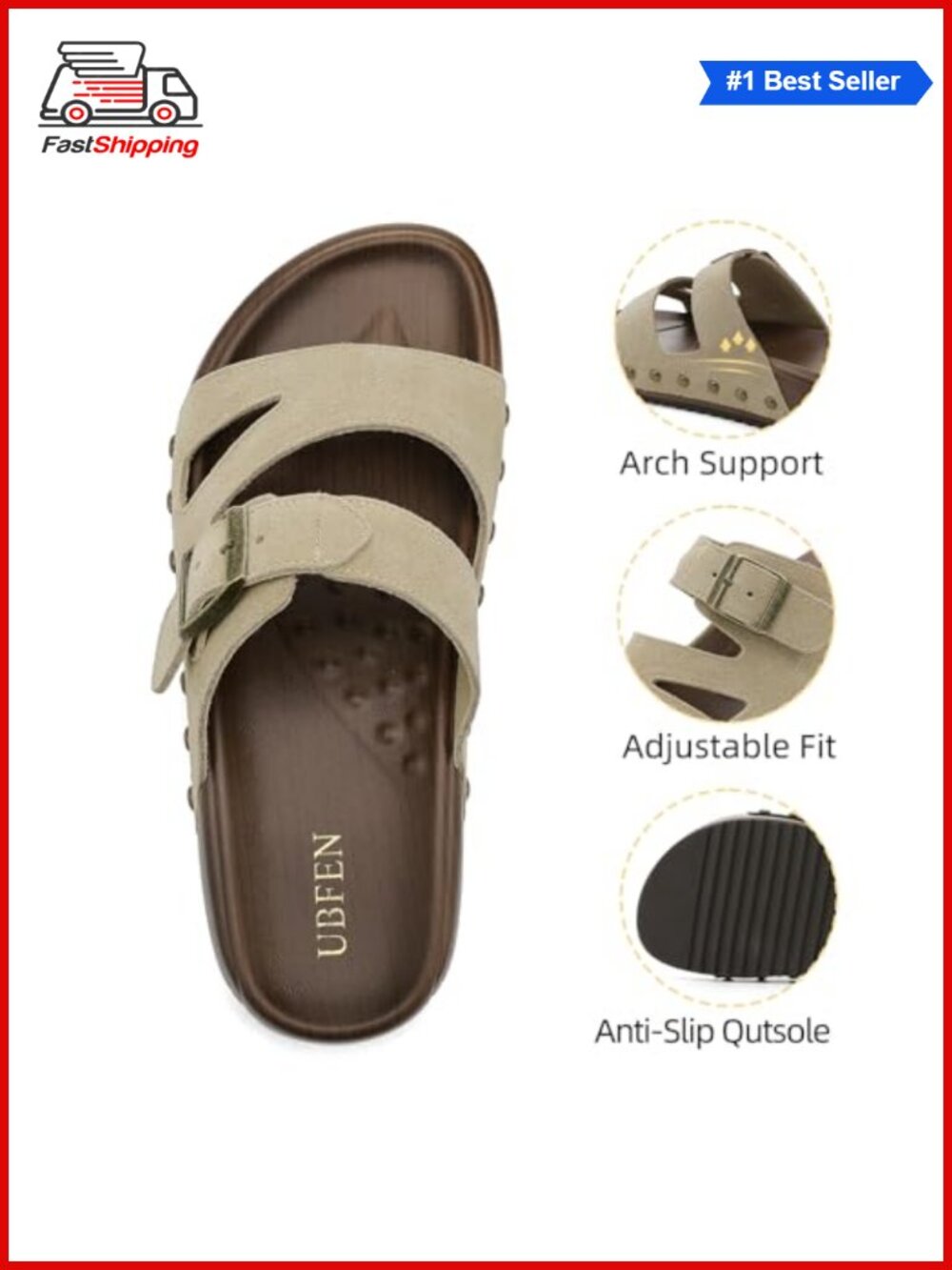 Platform Sandals Slip On Slides Double Buckle Genuine Leather Arch Support - Picture 2 of 5